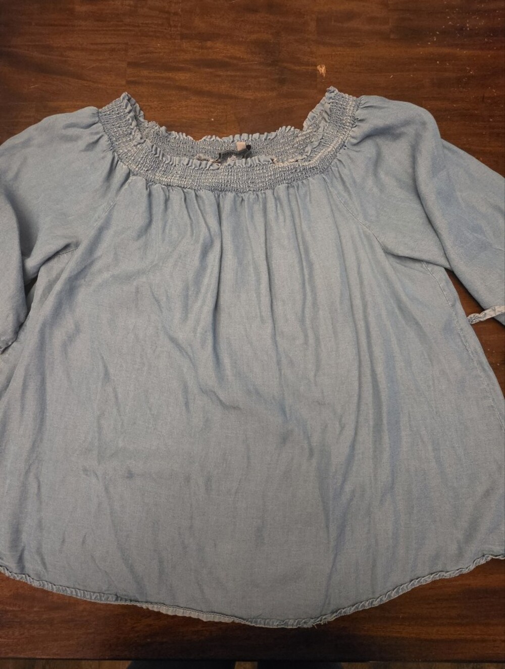 Absolutely Famous Light Wash Chambray Smocked Off-The-Shoulder Top - Size L
